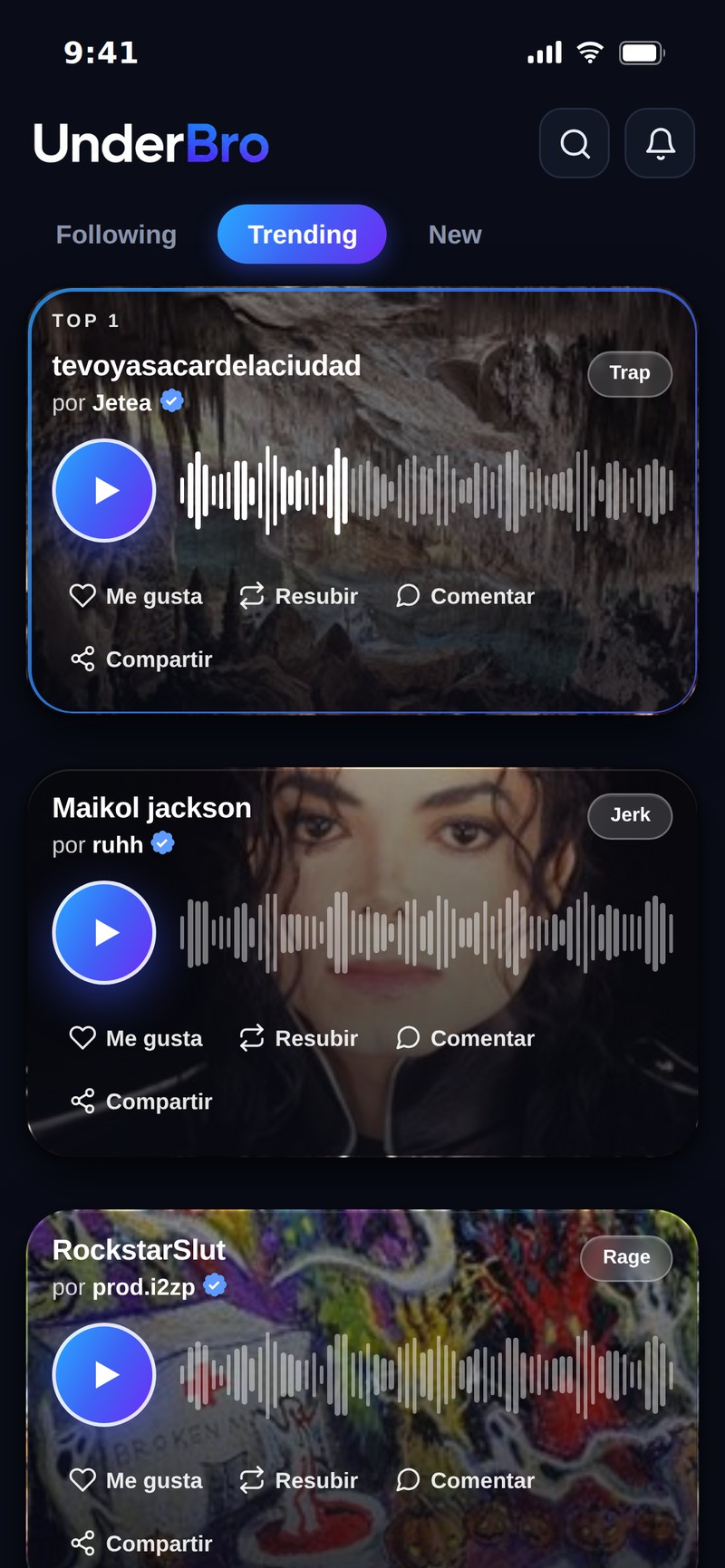 UnderBro en el móvil: feed de tendencias